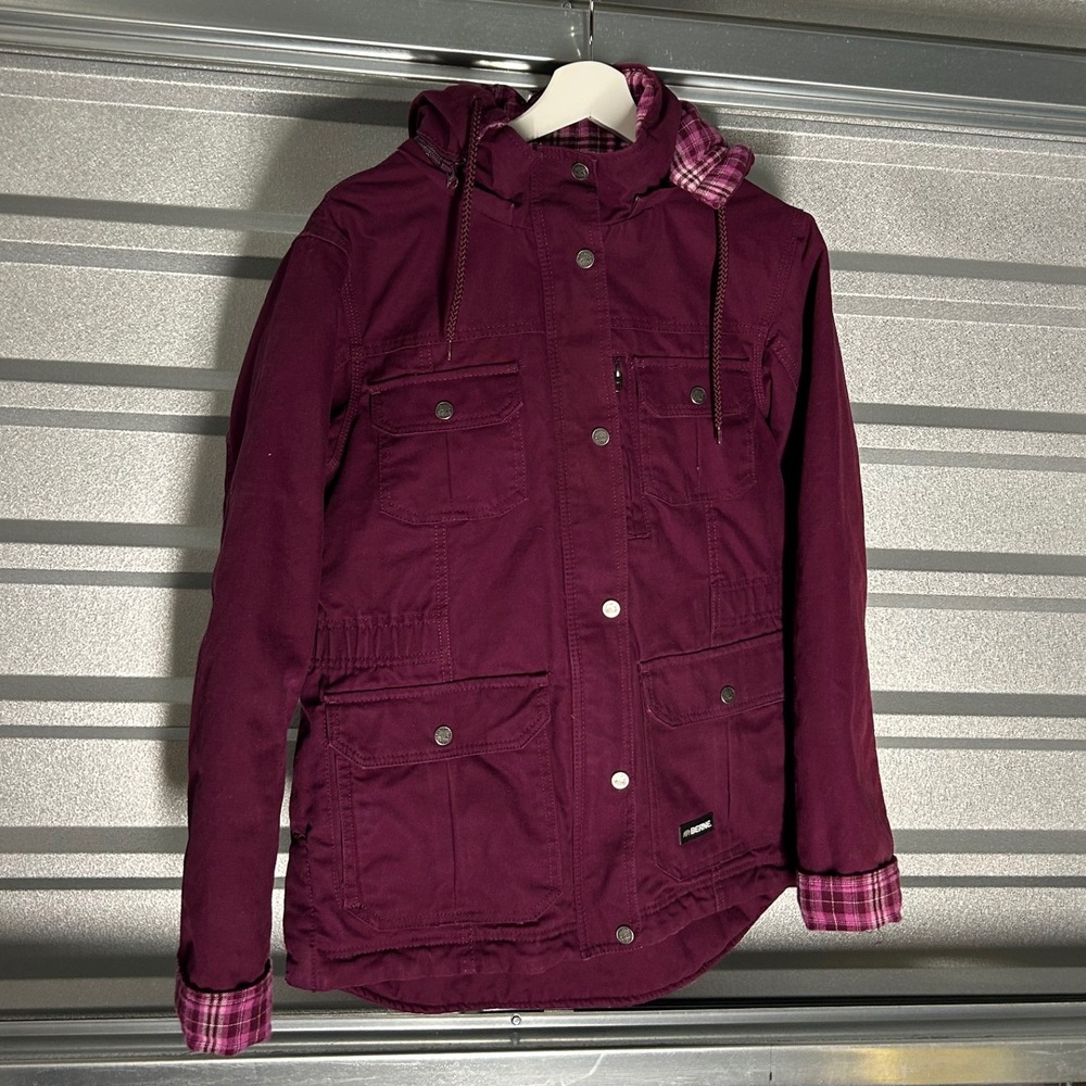 Berne Canvas Workwear Jacket Womens Medium Purple Plaid Lined Hooded Barn Coat